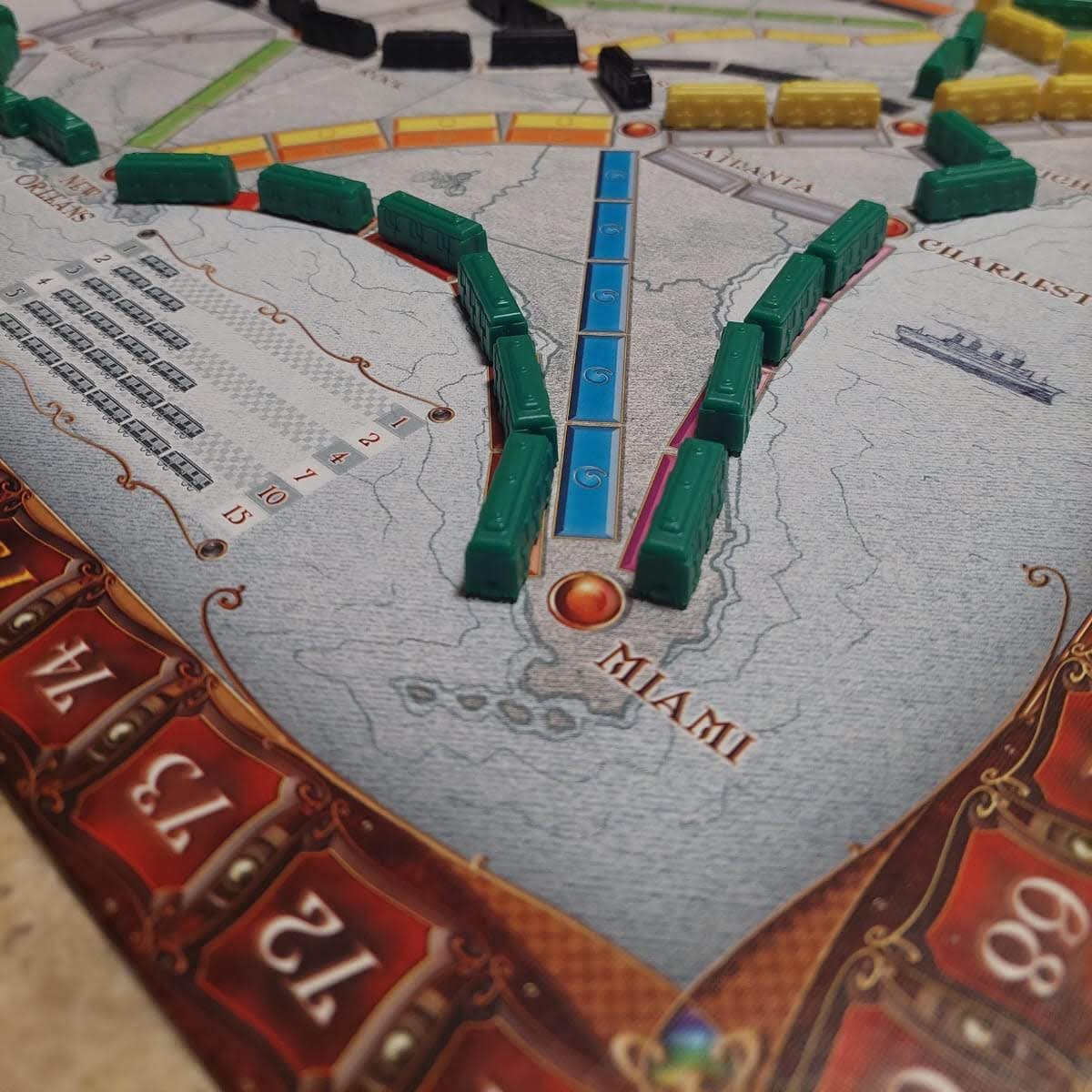 Juego de mesa ticket to ride, mostrando tablero con trenes colocados