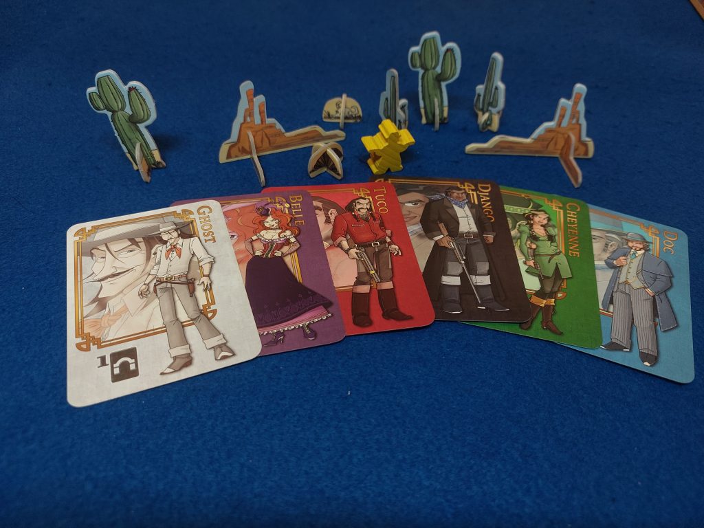 Personajes del juego de mesa colt Express. Se muestra la carta de cada personaje y el meeple del sheriff