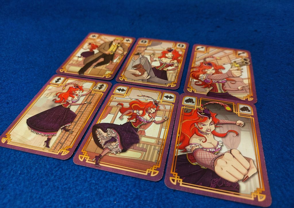 Cartas de acción del juego de mesa Colt Express. Personaje Belle